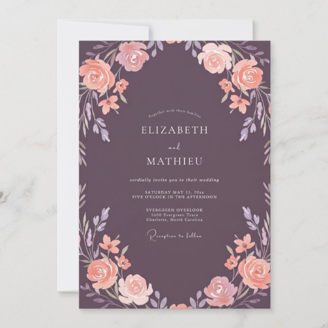 Invitation Mariage au Pétales de Pêche Douce prune (Devant)
