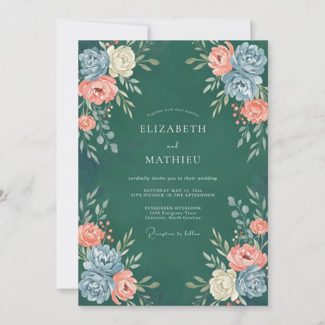 Invitation Mariage au pétrole Corail Ranunculus Eucalyptus (Devant)