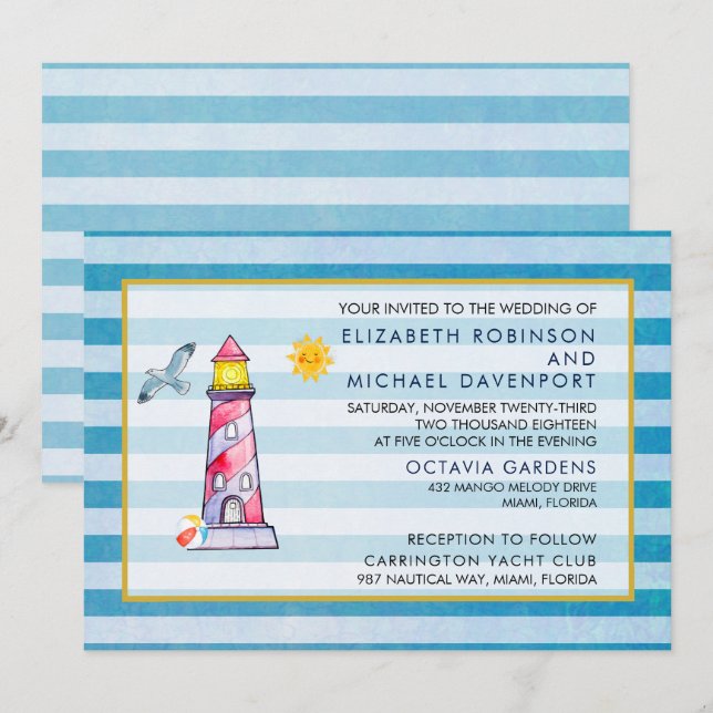 Invitation Mariage au phare aquarelle rayé rouge (Devant / Derrière)