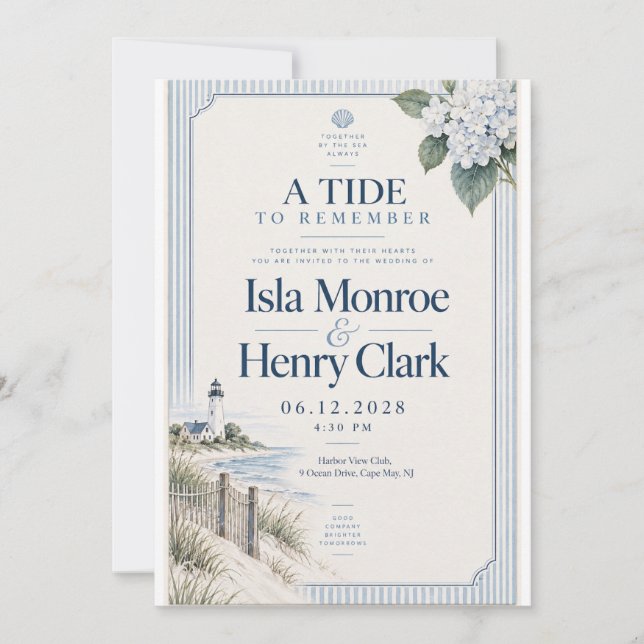Invitation Mariage au phare de l'Hydrangea côtier (Devant)