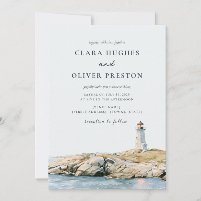 Invitation Mariage au phare de script bleu ardoise beige  (Devant)