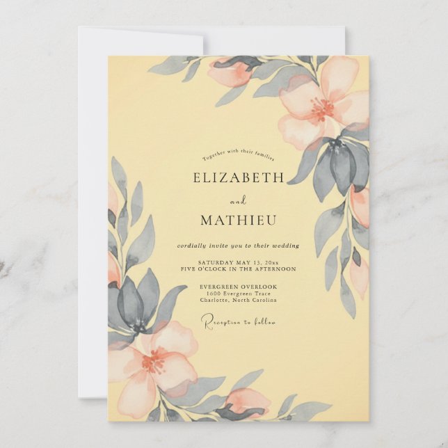 Invitation Mariage au pivoine ardoise beurrée (Devant)