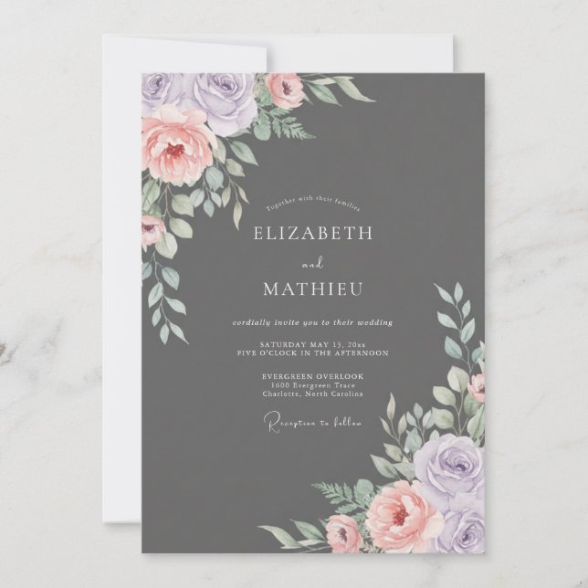 Invitation Mariage au pivoine divine Charbon (Devant)