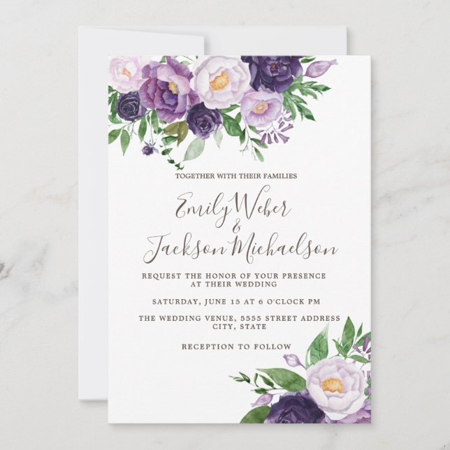 Invitation Mariage au Plum Pourpre Lavande et au Feuillage (Devant)