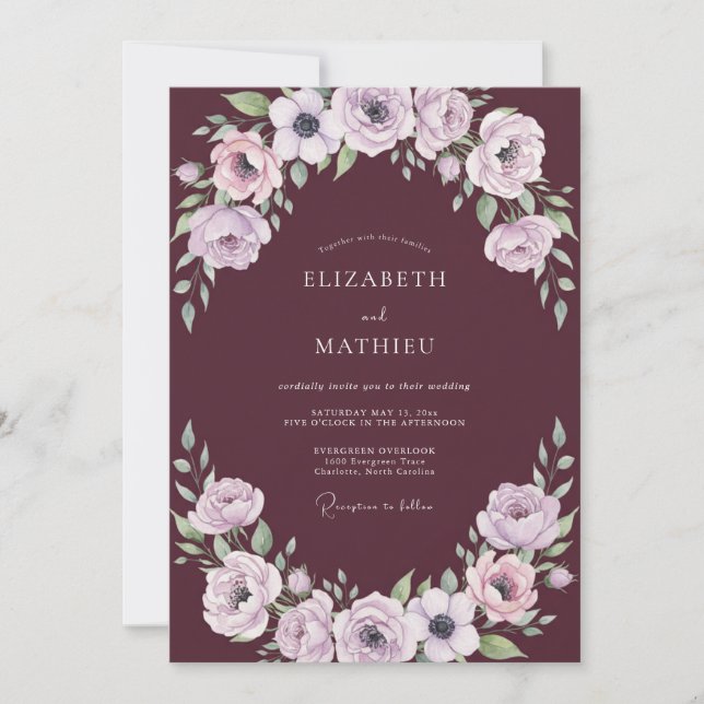 Invitation Mariage au Prune Lilas Ranunculus Eucalyptus (Devant)