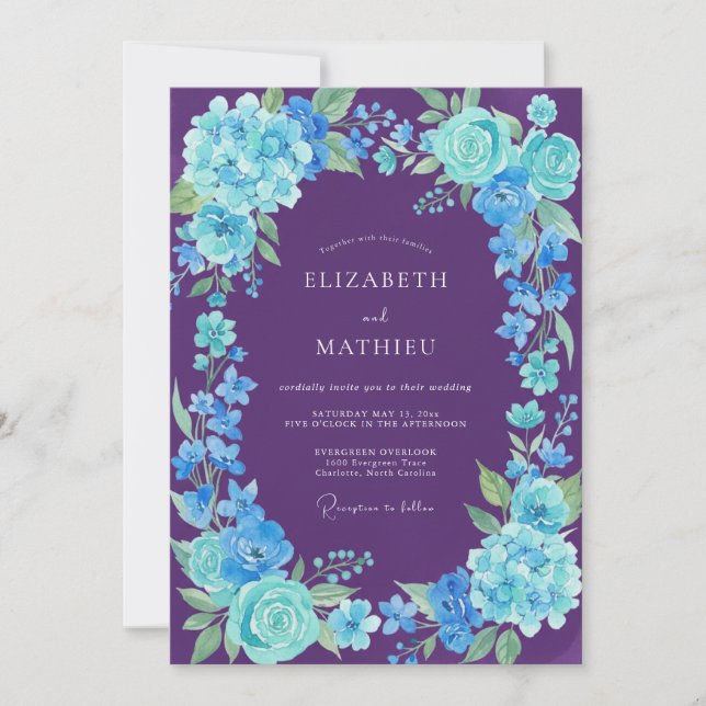 Invitation Mariage au Purple Cyan Hydrangea Eucalyptus (Devant)