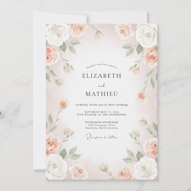 Invitation Mariage au Ranunculus Abricot et Eucalyptus Rose (Devant)