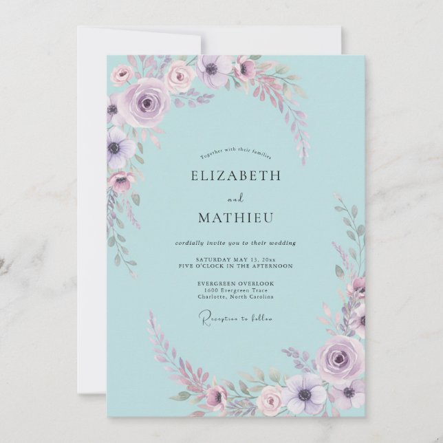 Invitation Mariage au Ranunculus Aqua Lilas et Eucalyptus (Devant)