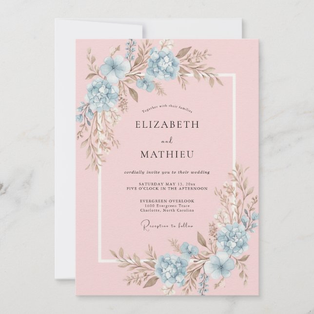 Invitation Mariage au Ranunculus Azur et Eucalyptus Rose Past (Devant)