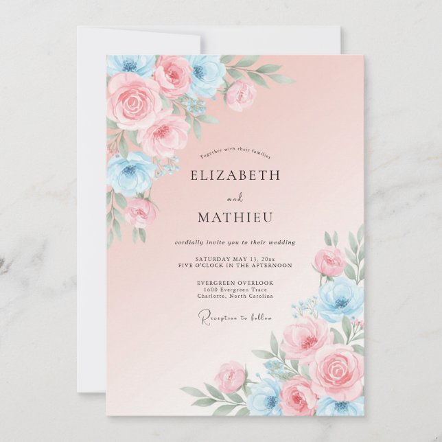 Invitation Mariage au Ranunculus Azur Eucalyptus Rose (Devant)