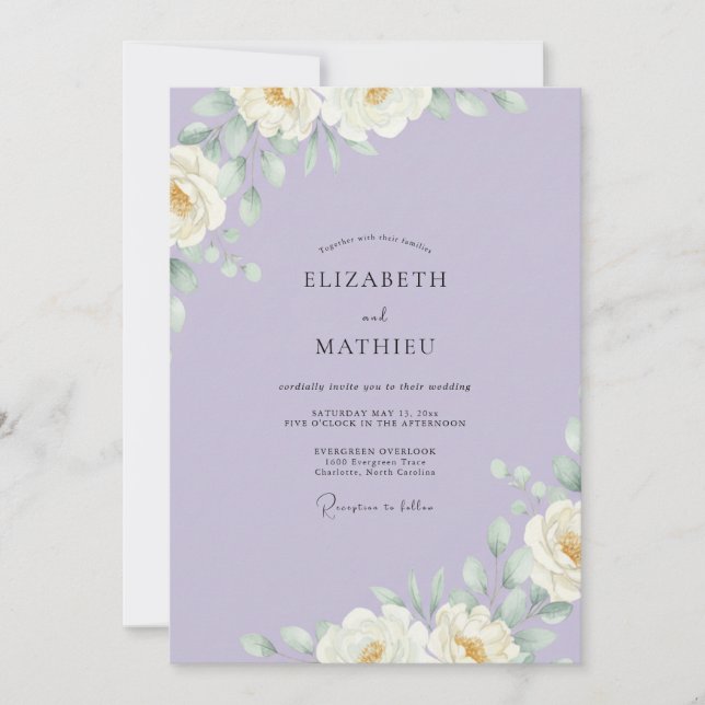Invitation Mariage au Ranunculus Blanc et Eucalyptus Lavande (Devant)