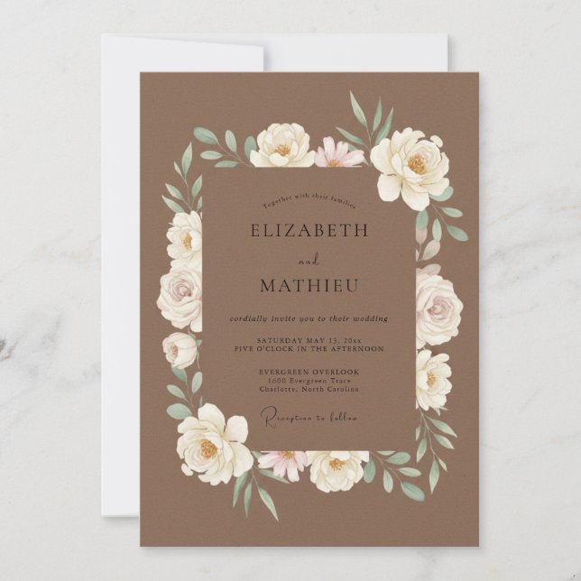 Invitation Mariage au Ranunculus Blanc et Eucalyptus Mocha (Devant)