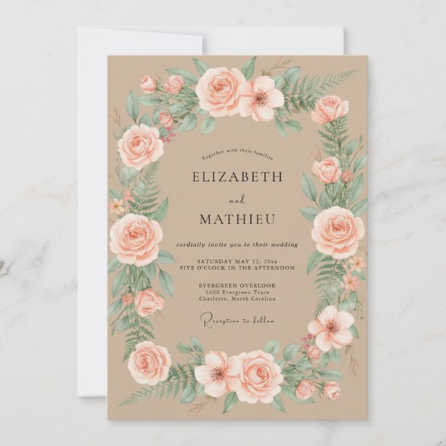 Invitation Mariage au Ranunculus Champagne Pêche et Eucalyptu (Devant)