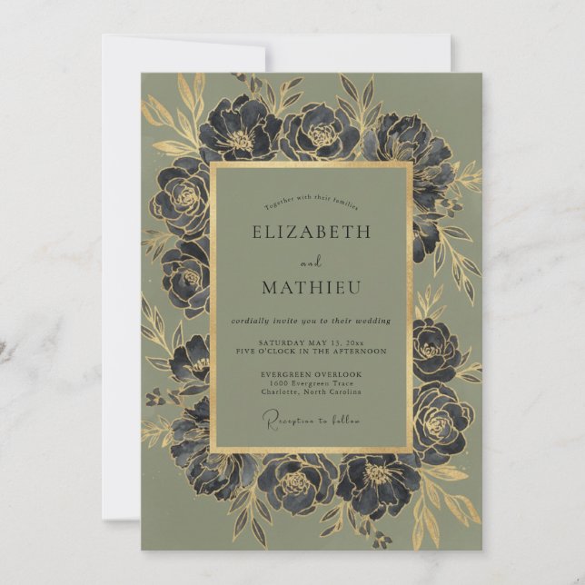 Invitation Mariage au Ranunculus Charbon d'Olive et Eucalyptu (Devant)