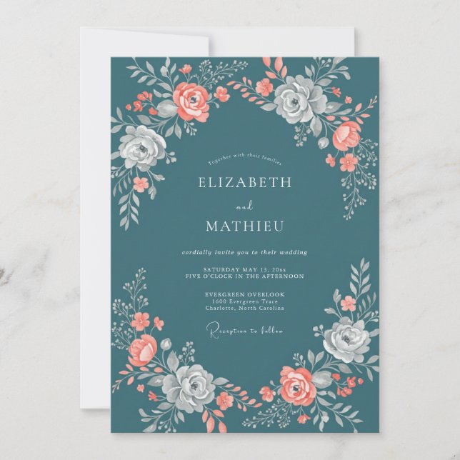 Invitation Mariage au Ranunculus Corail Ardoise et Eucalyptus (Devant)