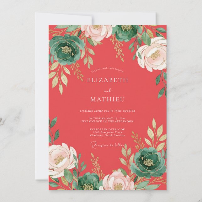 Invitation Mariage au Ranunculus Corail avec Feuillage d'Euca (Devant)