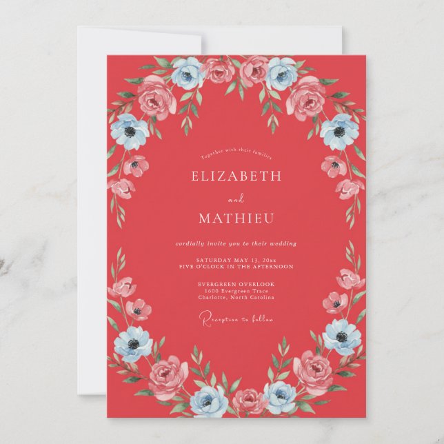 Invitation Mariage au Ranunculus Corail Ciel et Eucalyptus Ap (Devant)