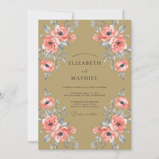 Invitation Mariage au Ranunculus Corail Doré et Eucalyptus (Devant)