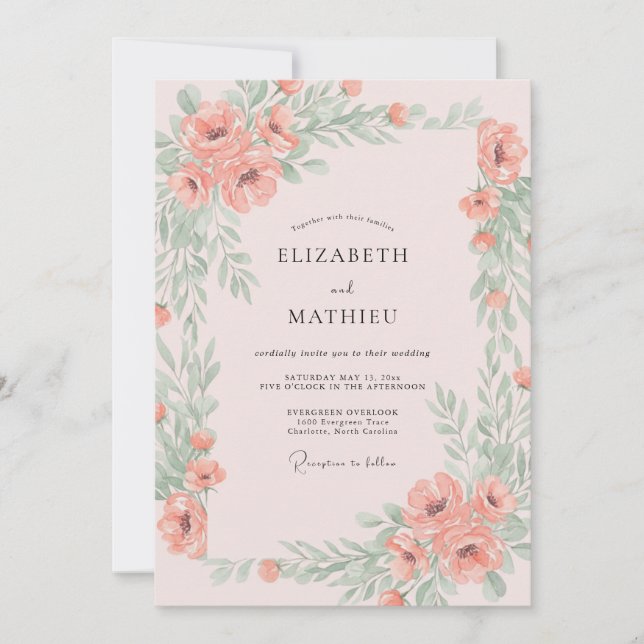 Invitation Mariage au Ranunculus Corail et Eucalyptus Apaisé (Devant)
