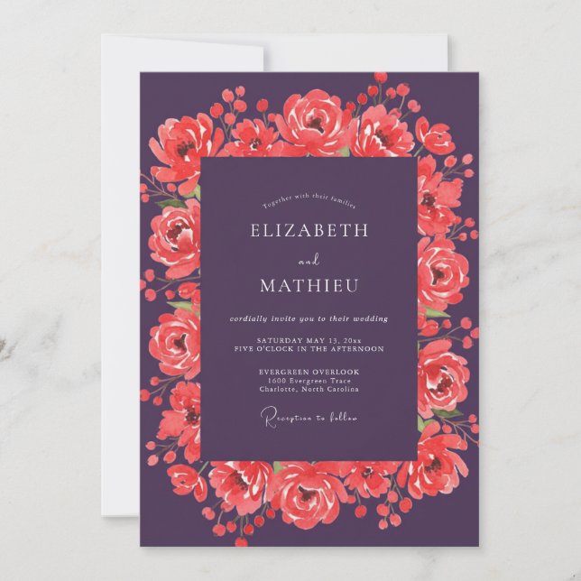 Invitation Mariage au Ranunculus Corail et Eucalyptus Prune (Devant)