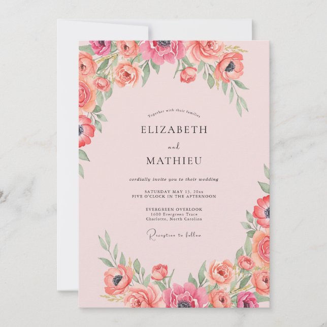 Invitation Mariage au Ranunculus Corail et Eucalyptus Rose (Devant)