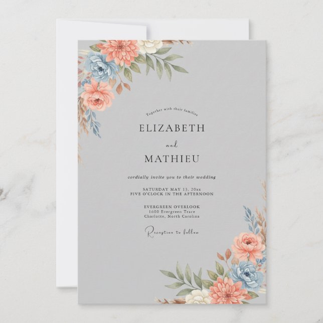 Invitation Mariage au Ranunculus Corail Gris et Eucalyptus (Devant)