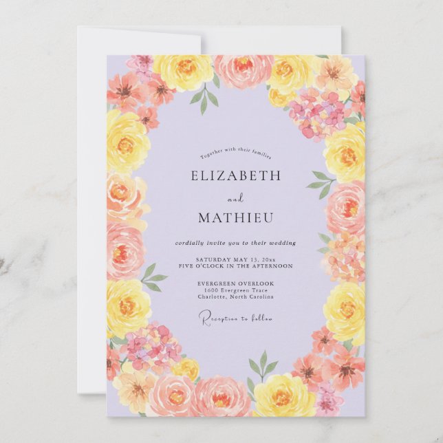 Invitation Mariage au Ranunculus Corail Jaune et Eucalyptus (Devant)