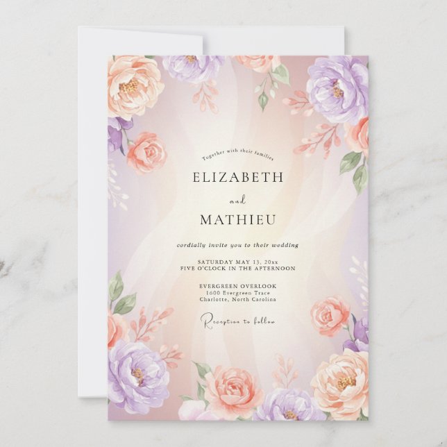 Invitation Mariage au Ranunculus Corail Lavande et Eucalyptus (Devant)