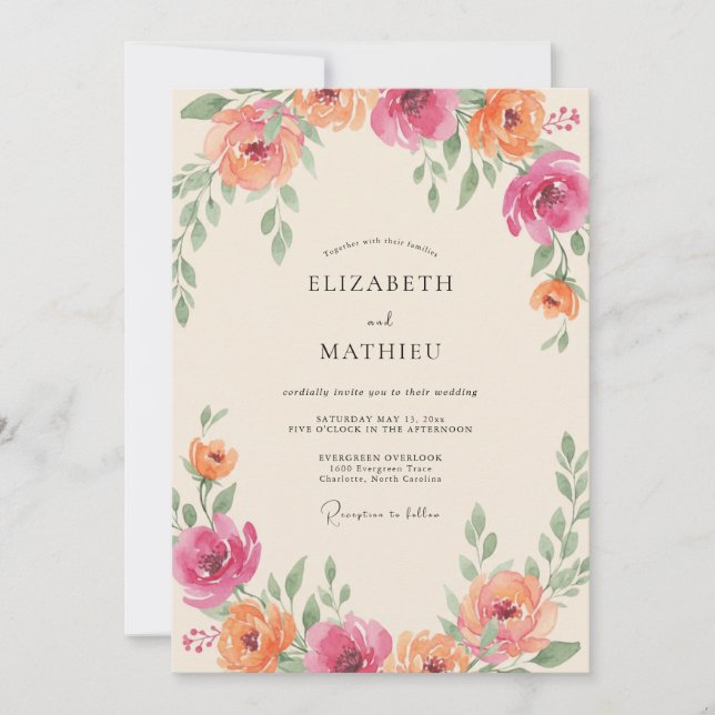Invitation Mariage au Ranunculus Corail Magenta et Eucalyptus (Devant)
