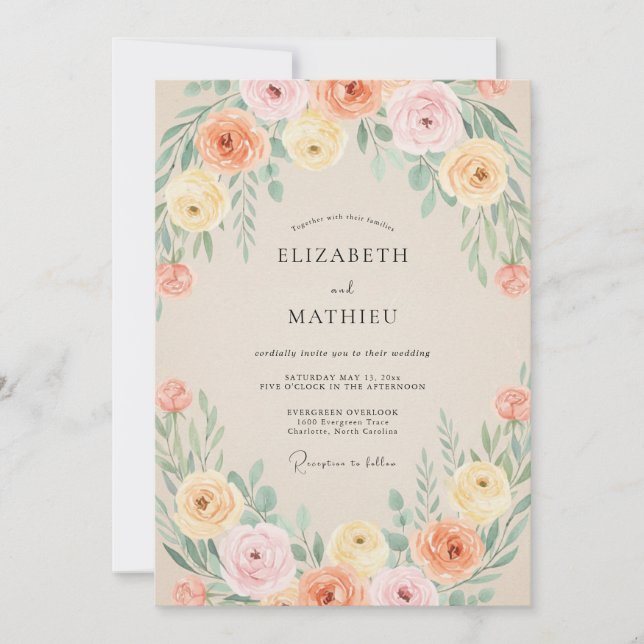 Invitation Mariage au Ranunculus Corail Pêche et Eucalyptus (Devant)