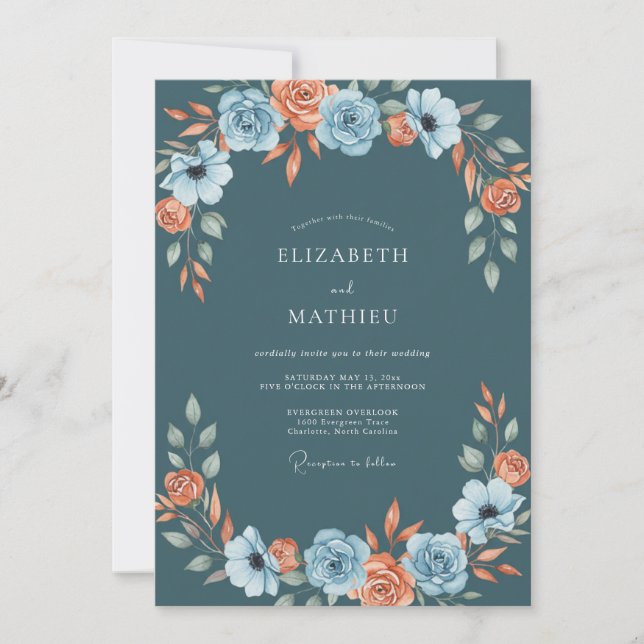 Invitation Mariage au Ranunculus Corail Sarcelle et Eucalyptu (Devant)