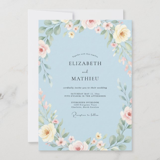 Invitation Mariage au Ranunculus Crème et Eucalyptus Bleuet (Devant)
