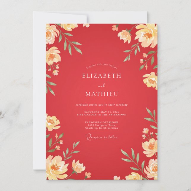 Invitation Mariage au Ranunculus Crème Rouge et Eucalyptus (Devant)