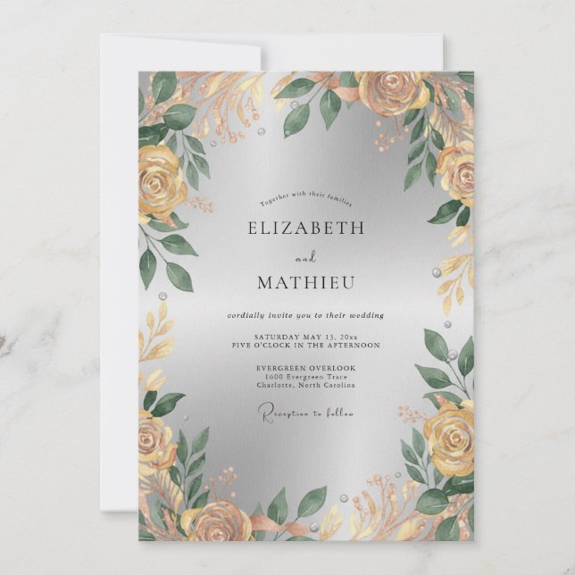 Invitation Mariage au Ranunculus doré Champagne et Eucalyptus (Devant)