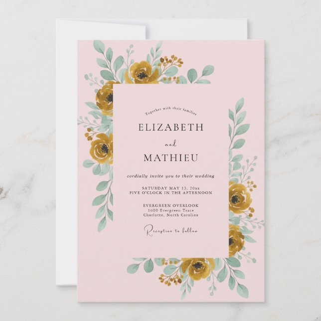 Invitation Mariage au Ranunculus Doré et Eucalyptus Rose (Devant)