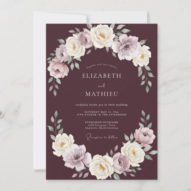 Invitation Mariage au Ranunculus et Eucalyptus Crème Prune (Devant)