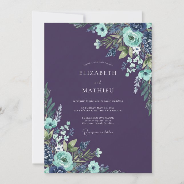 Invitation Mariage au Ranunculus Eucalyptus Aqua prune (Devant)