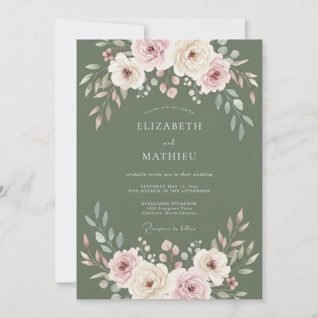 Invitation Mariage au Ranunculus Eucalyptus au Rose Pâle et O (Devant)