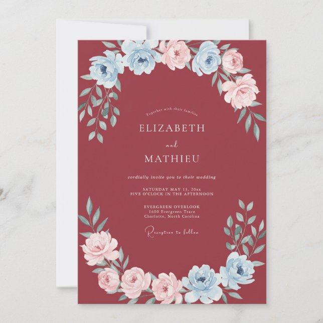 Invitation Mariage au Ranunculus Eucalyptus Azur Bordeaux (Devant)