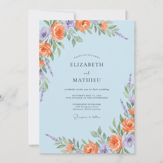 Invitation Mariage au Ranunculus Eucalyptus Azur Pourpre Cora (Devant)