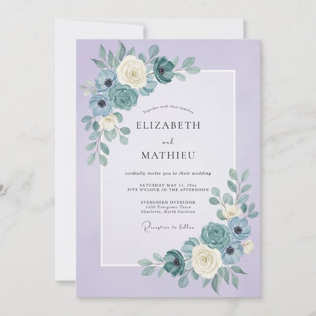 Invitation Mariage au Ranunculus Eucalyptus Bleu Vert Lilas (Devant)