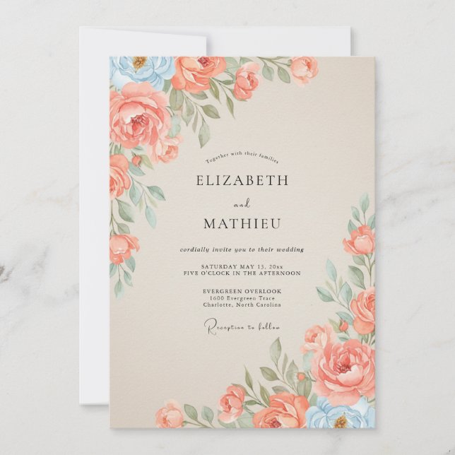 Invitation Mariage au Ranunculus Eucalyptus Ciel Corail (Devant)