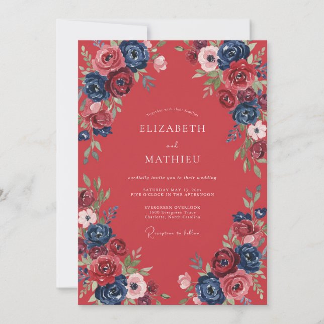 Invitation Mariage au Ranunculus Eucalyptus Cobalt Rouge Cram (Devant)