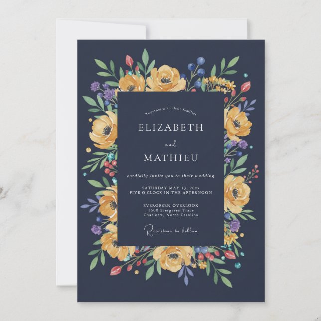 Invitation Mariage au Ranunculus Eucalyptus Jaune de Minuit (Devant)
