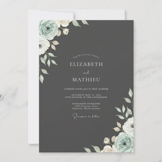 Invitation Mariage au Ranunculus Eucalyptus Menthe Charbon (Devant)