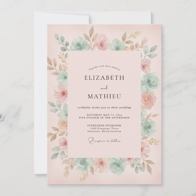 Invitation Mariage au Ranunculus Eucalyptus Menthe Pêche (Devant)