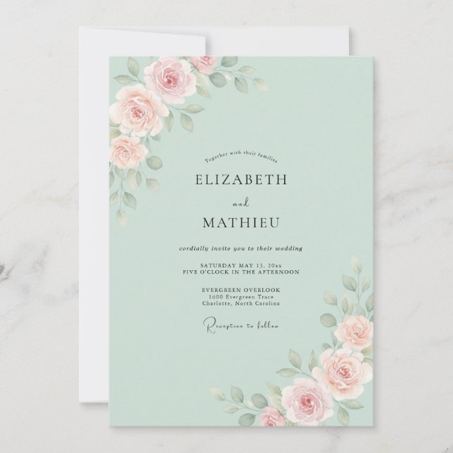 Invitation Mariage au Ranunculus Eucalyptus Menthe Pêche (Devant)
