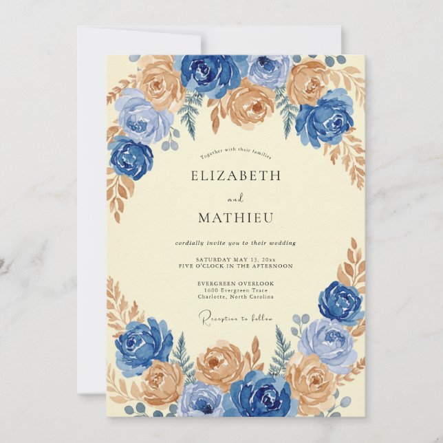 Invitation Mariage au Ranunculus Eucalyptus Or Azur (Devant)