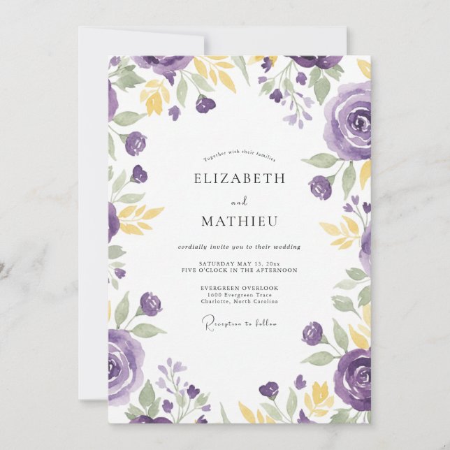 Invitation Mariage au Ranunculus Eucalyptus Or et Violet (Devant)