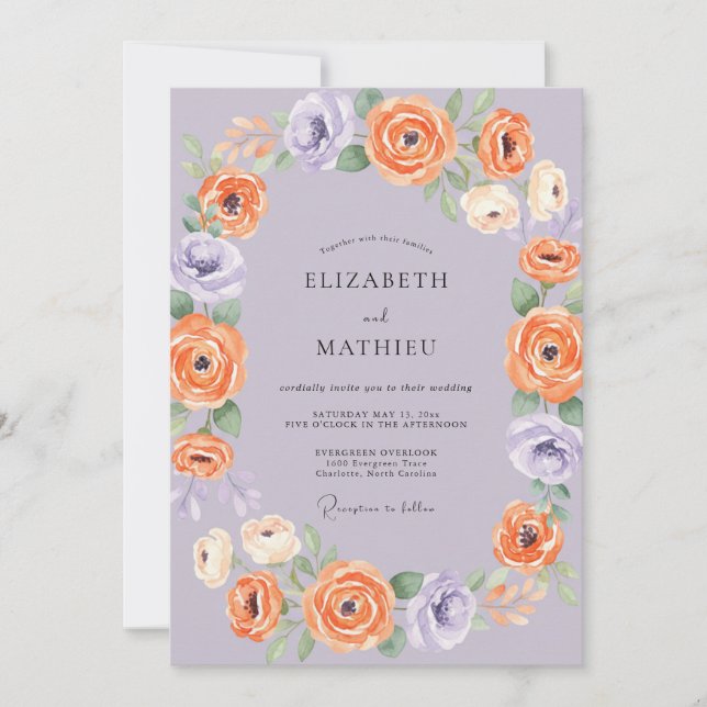 Invitation Mariage au Ranunculus Eucalyptus Orange Lavande (Devant)